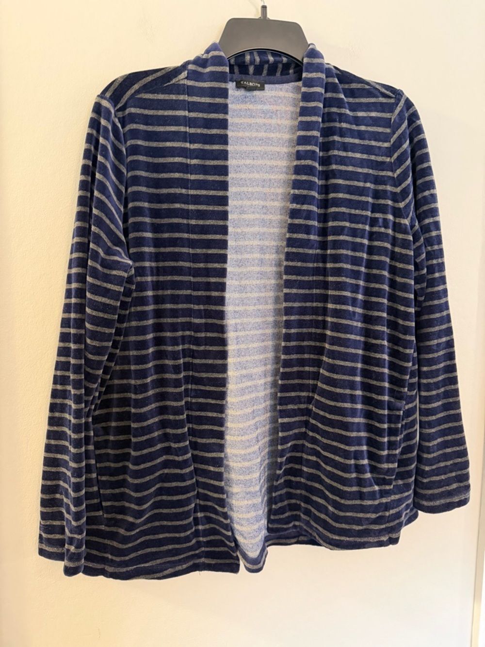 Talbots Blue Gray Striped Open Front Cardigan Sweater Womenโs Medium